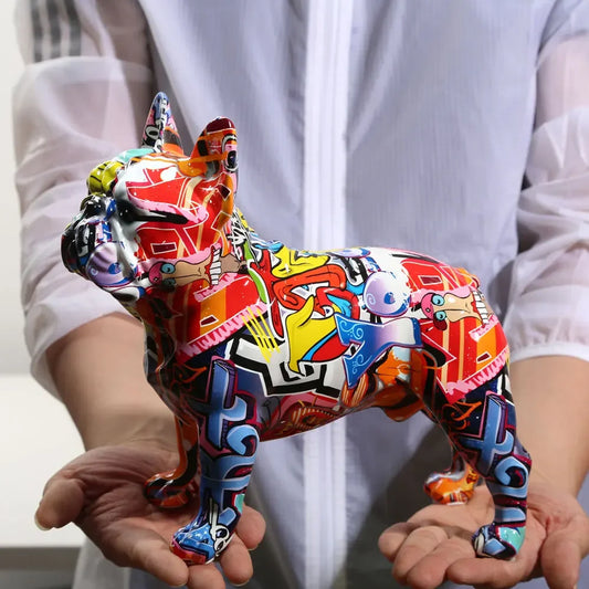 Modern Colorful French Bulldog Statue  Graffiti  Office Ornaments Printing Resin Dog Home Decor