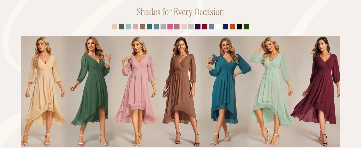 Ever-Pretty Women's Chiffon V Neck Long Sleeves Pleated A-Line Midi Length Wedding Guest Dress