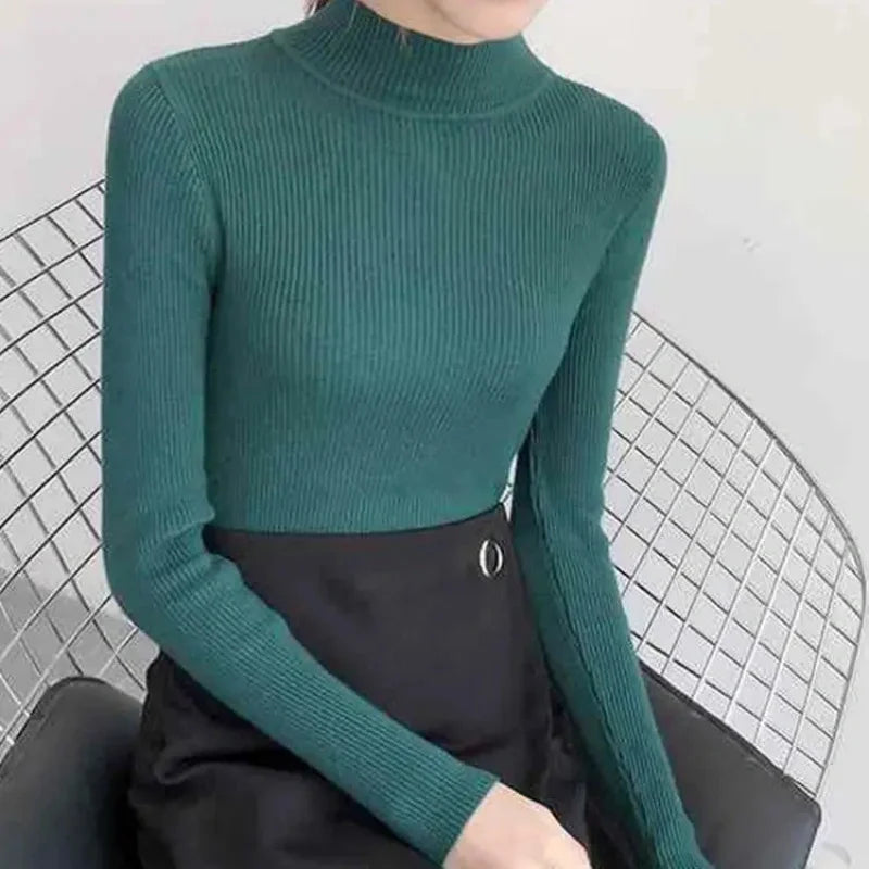 Autumn Winter Mock Neck Women Sweater Vintage Basic Solid Knitted Tops Casual Slim Pullover Sweaters