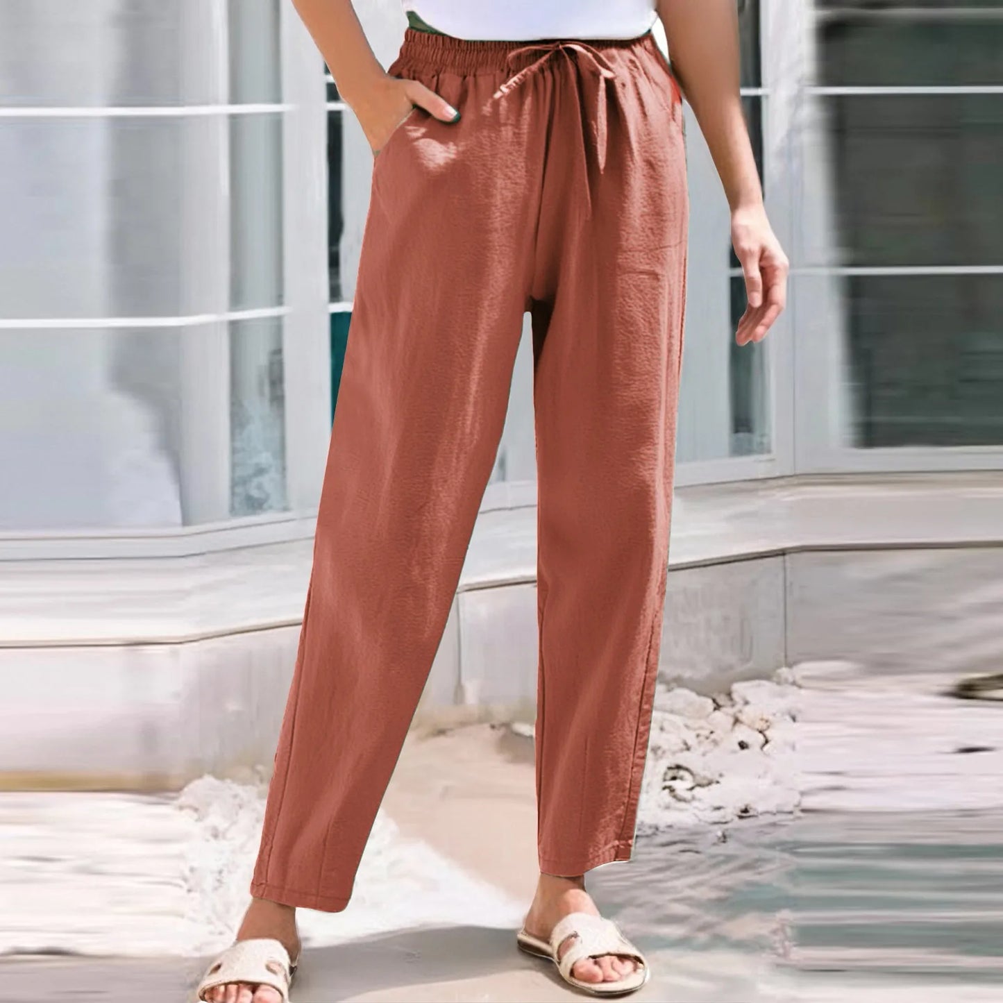 Women Cropped Pants Cotton Linen Baggy Trousers