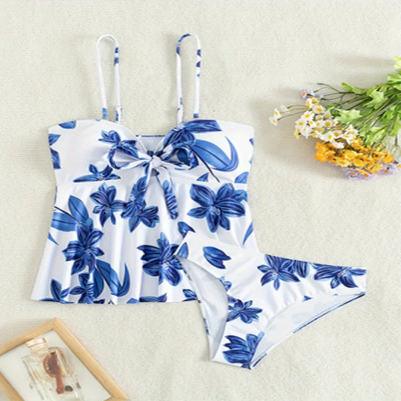 Blue Flower Print 2-piece Swimsuit
