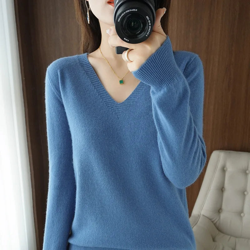 Women's Sweater 2025 Autumn Winter Knitted Pullovers V-neck Slim Fit Bottoming Shirt Solid Soft Knitwear