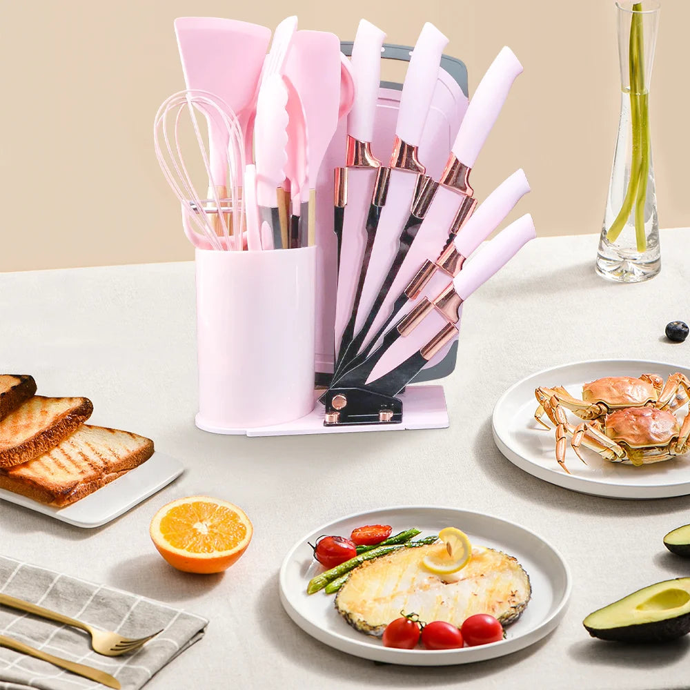 MDHAND 20pcs Heat-Resistant Silicone Kitchen Utensil Set with Wooden Handles Knives Soup Spoon with Scissors Hassle-Free Cooking