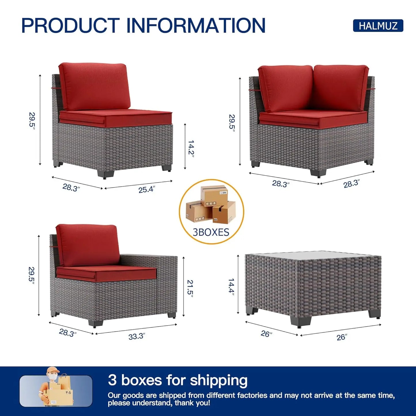 6 Pieces Patio Furniture Sets with Glass Tea Table,PE Rattan Wicker Patio Conversation Set with Washable, Customized
