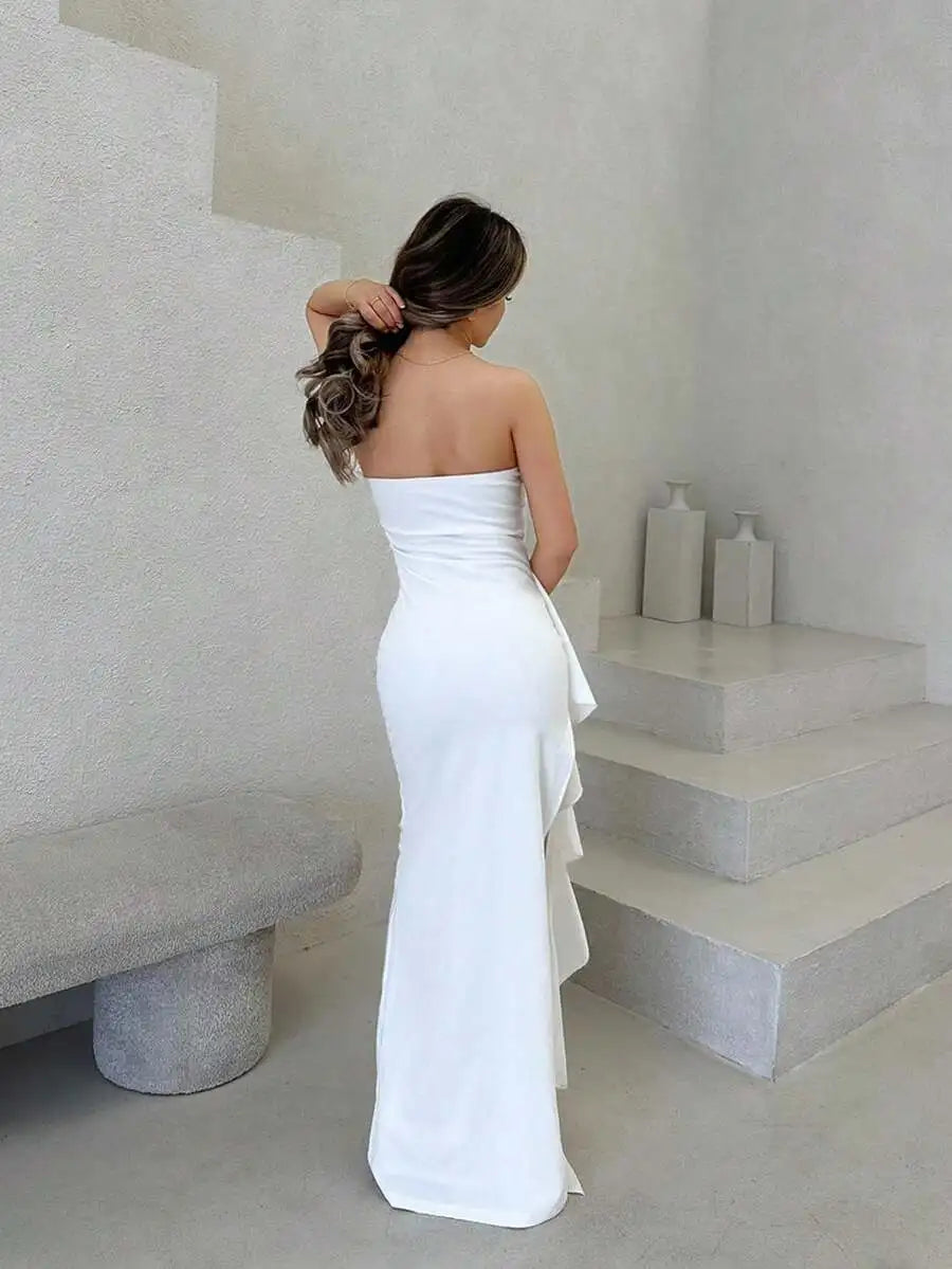White Sleeveless Off-Shoulder Ruched High Slit Wrap Long Dress