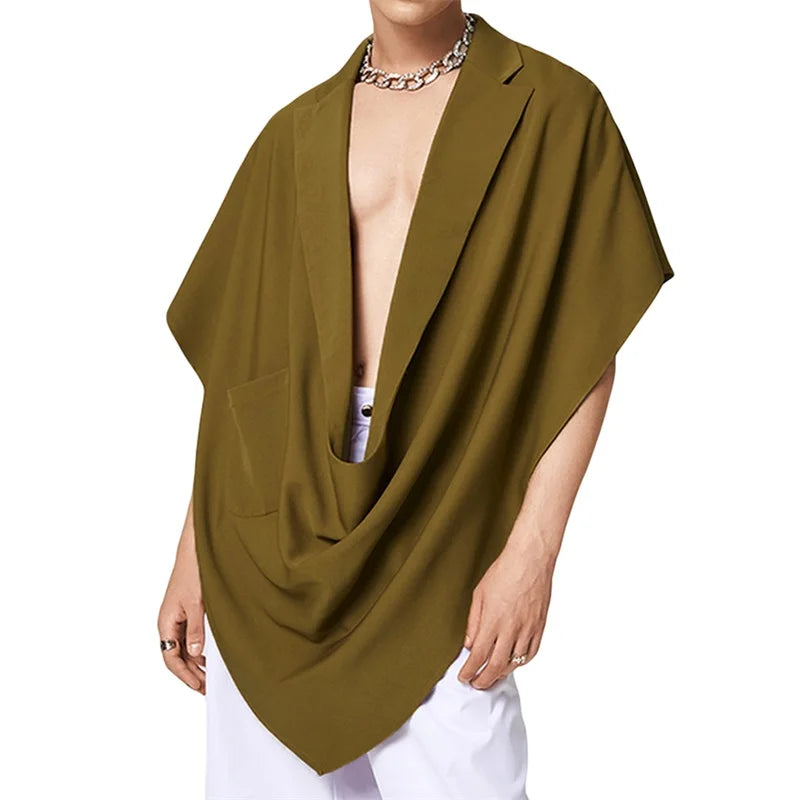 Men Turn-Down Collar Poncho Solid Color Fashion