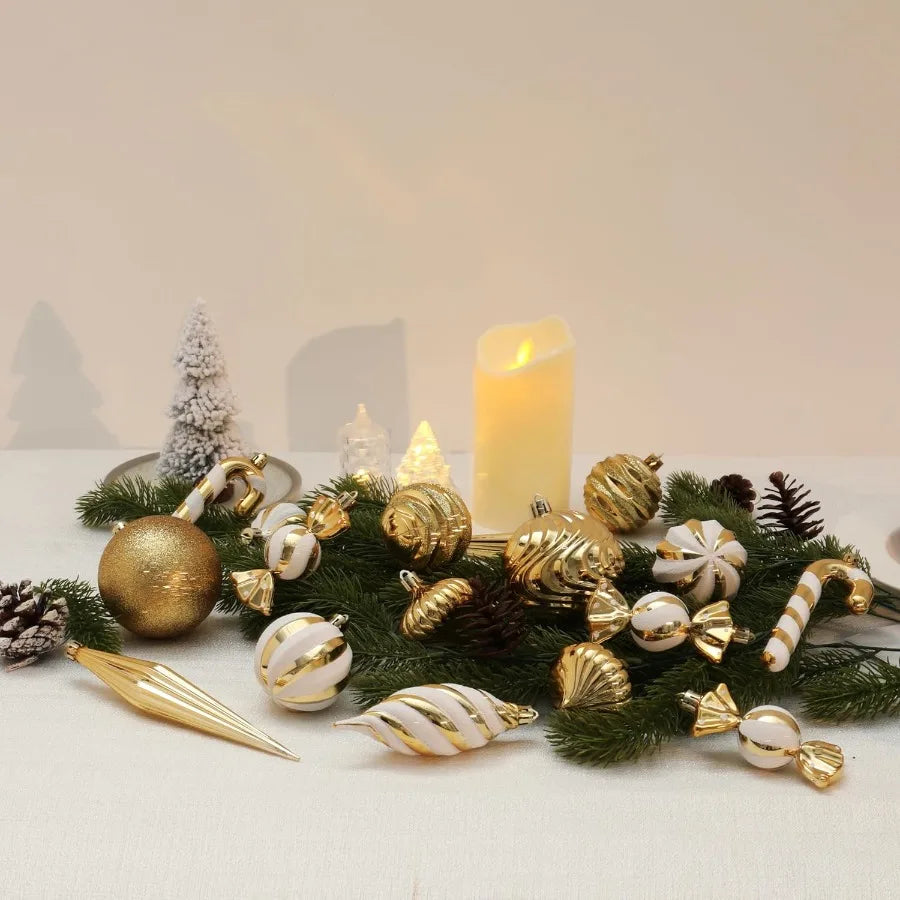 24 PCS Shatterproof Christmas Ball Ornaments Set with Painted Shaped Styles for Holiday Decor Gold Christmas Tree