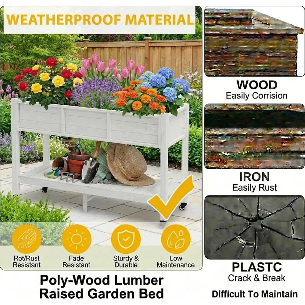 47x18x3in Raised Garden Bed HDPE Outdoor with Legs and Lockable Wheels, Weather-Resistant Poly-Wood Elevated Planter Box,