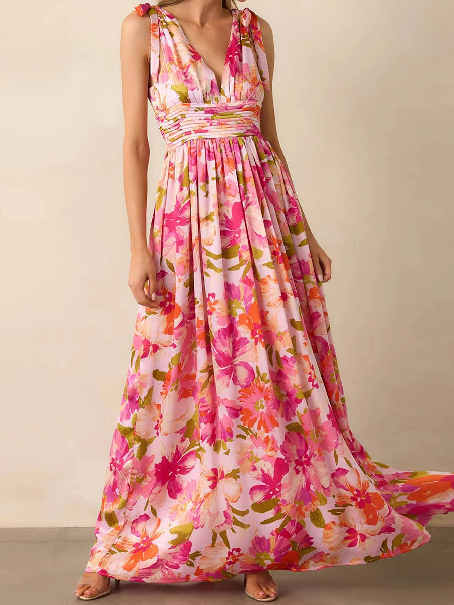 Elegant Maxi Dress with Boho Floral Print  for Summer Casual Wear