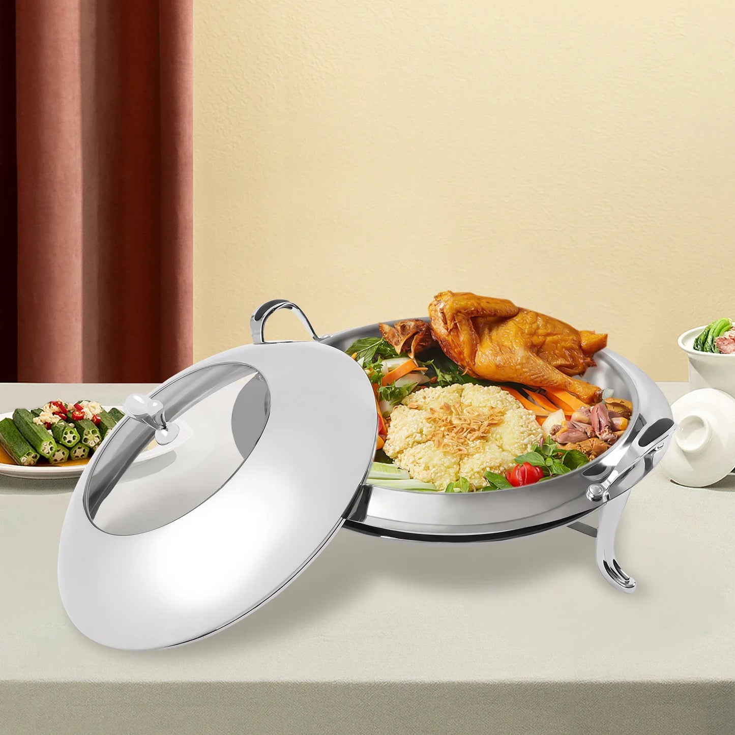 28cm Chafing Dish Stainless Steel Round Durable Buffet Warmer Tray Durable Frame with Lid and Chafing Fuel Holder for Kitchen