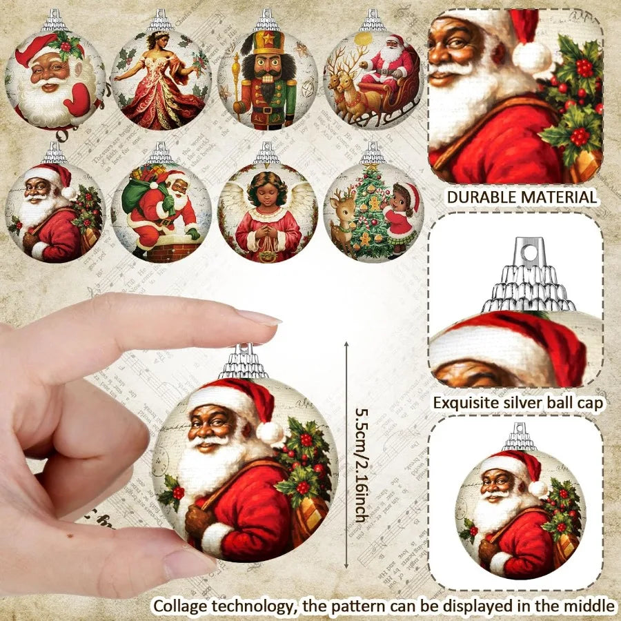 Outus 16 Pcs Santa Claus Black Ball Ornaments for Tree African American Christmas Hanging Ornaments Santa Claus Black Christmas