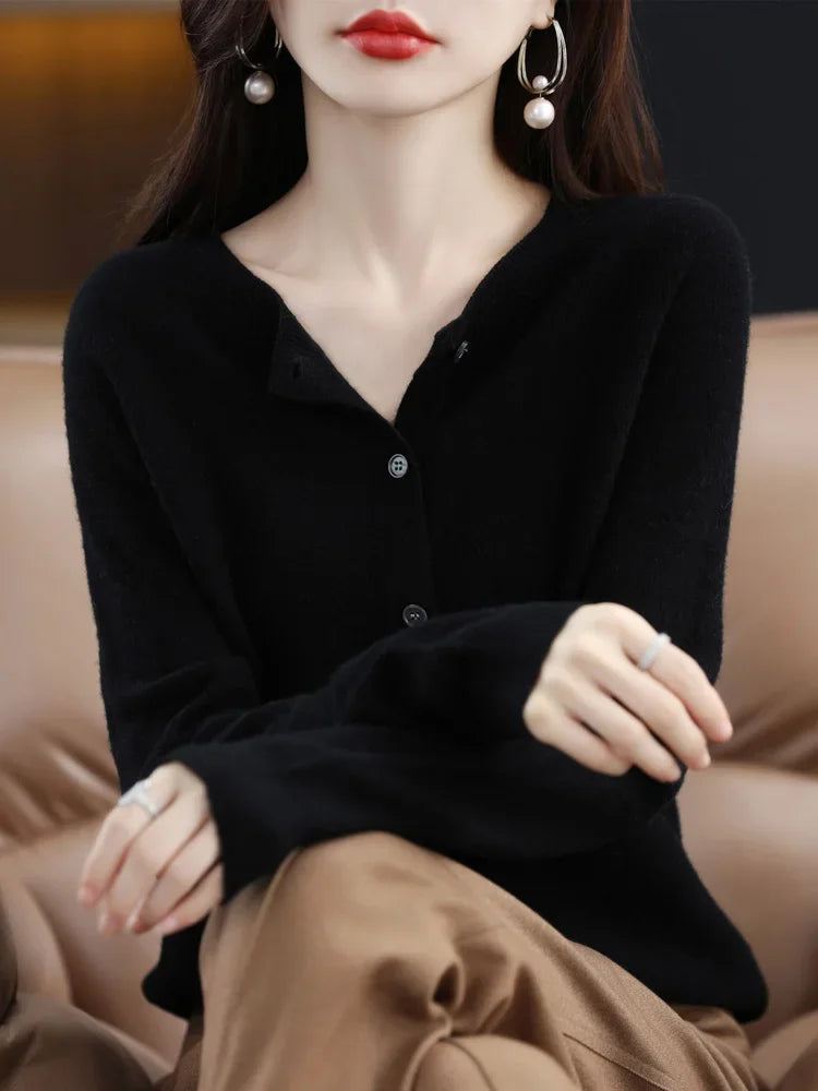 Long Sleeve 100% Merino Wool Sweaters Cashmere Cardigan Spring Autumn Women O-Neck Knitwear
