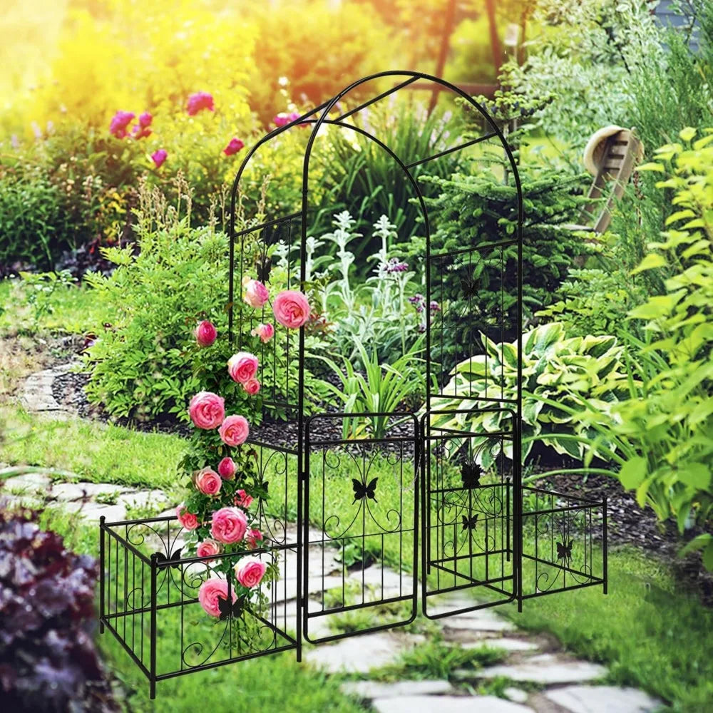 Metal Garden Arch with Gate and 2 Plant Stands, Garden Arch Trellis for Climbing Plants Outdoor, Garden Arbor