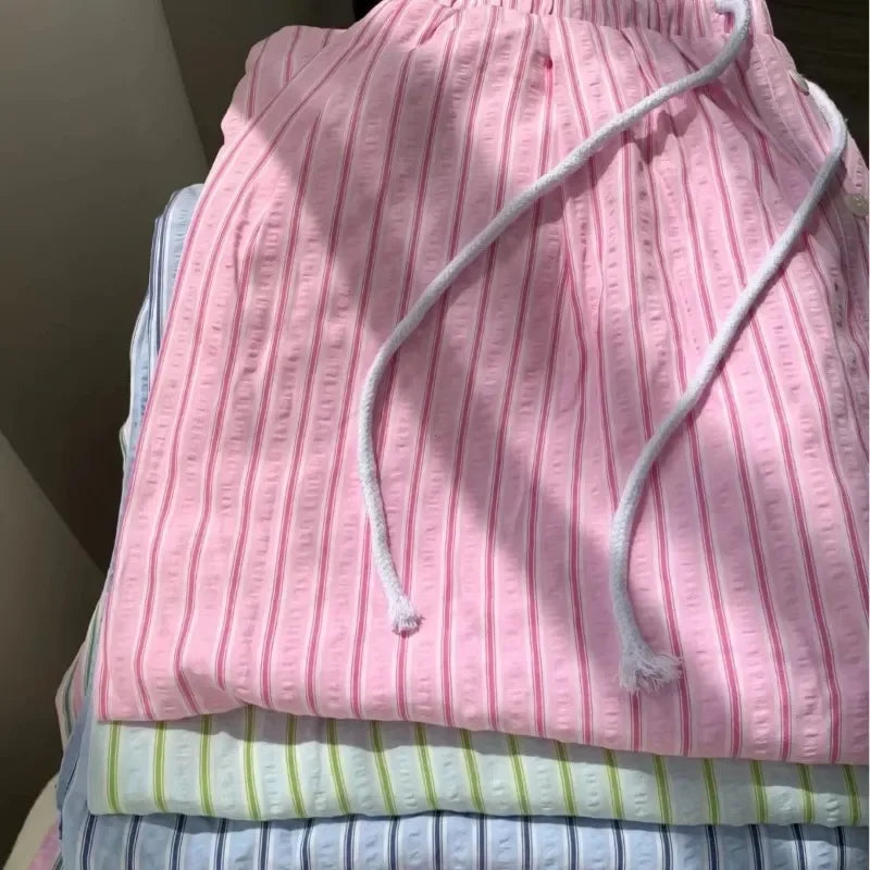 Casual Striped  Drawstring Straight Pant  Women Loose Holiday Pants Preppy Sweet Pink High Waist Office Trousers