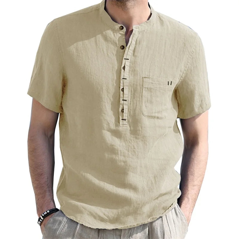 Men s Casual  Fit Short Sleeve Linen Henley Shirt