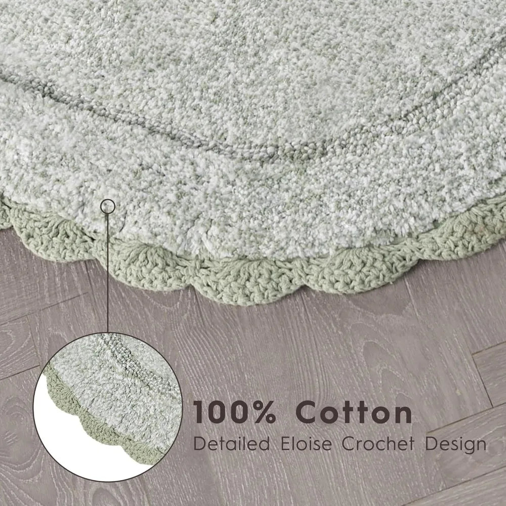 Soft 100% Cotton Oval Bath Mat with Crochet Border, Absorbent & Skid-Resistant, Sea Foam 24x60 Bathroom Rug for Elegant Home