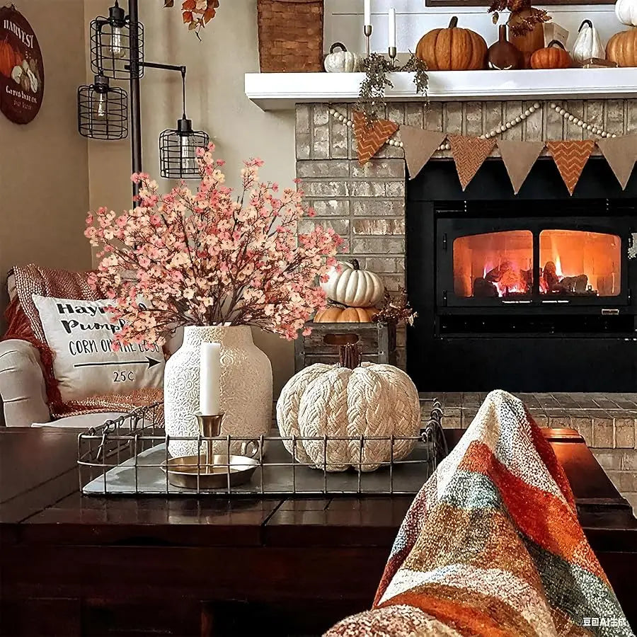 Fake Fall Flowers Thanksgiving Table Decor, 10Pcs Fall Beige Brown Artificial Flowers for Decorations, Babys Breath Artificial F