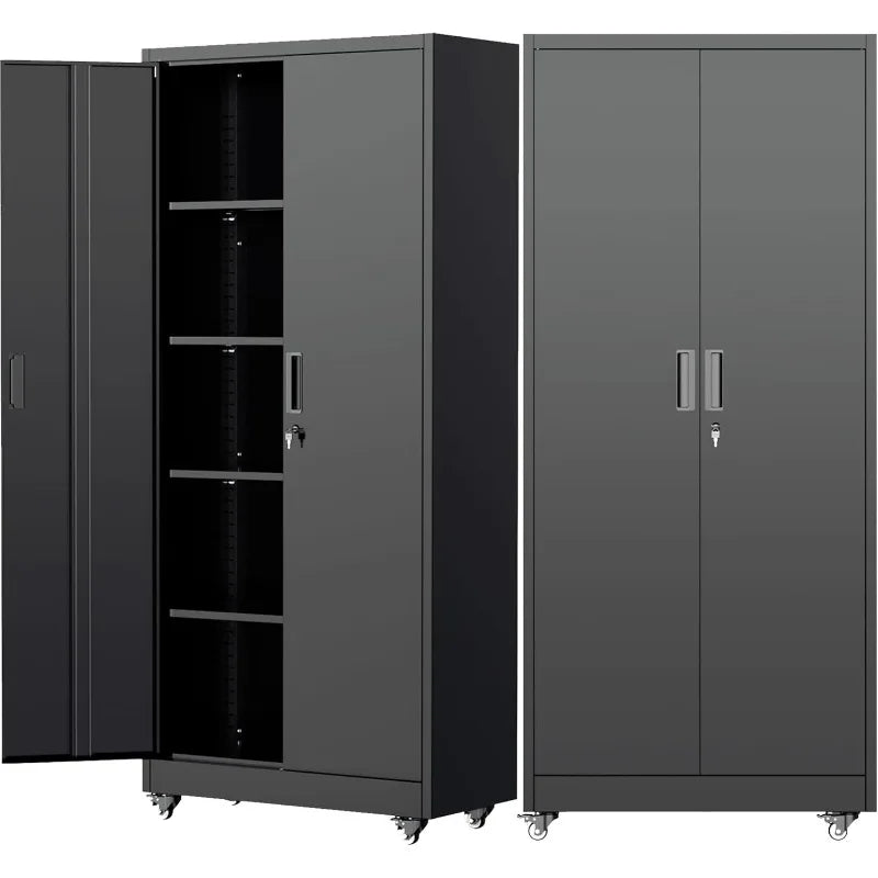 73" Metal Storage Cabinet with Wheels, Garage Storage Cabinet with 4 Adjustable Shelves & Lockable Doors for Garage Home