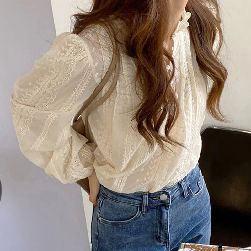Elegant Lace Women Fashion Blouse New Spring Autumn Long Sleeve Casual Office Loose Shirt Ladies Stand Collar Simple Top Clothes