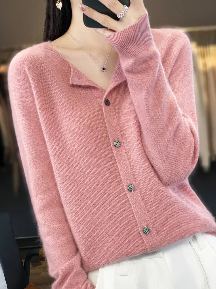 Long Sleeve 100% Merino Wool Sweaters Cashmere Cardigan Spring Autumn Women O-Neck Knitwear