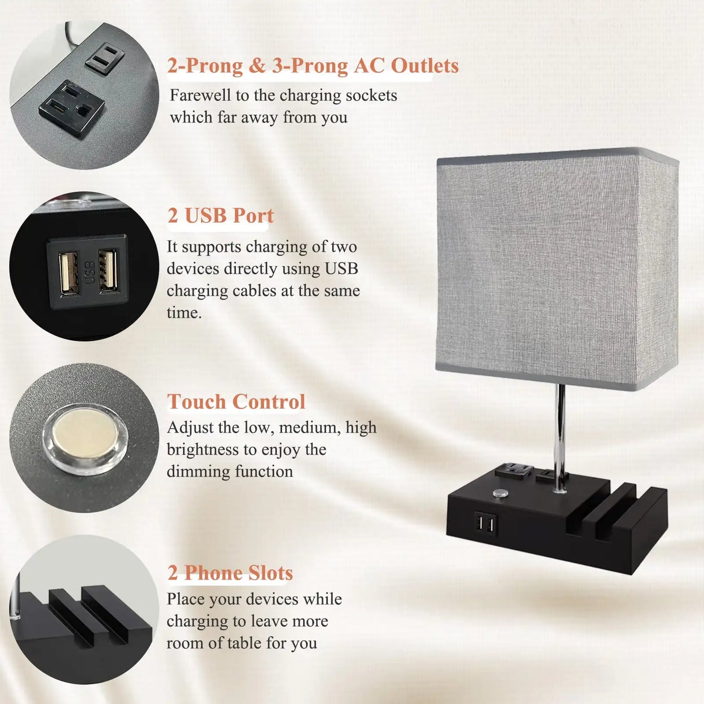 15.7" Bedside Table Lamp for Bedroom, Dual Fast USB Charging Ports, Fully Dimmable Nightstand Lamps