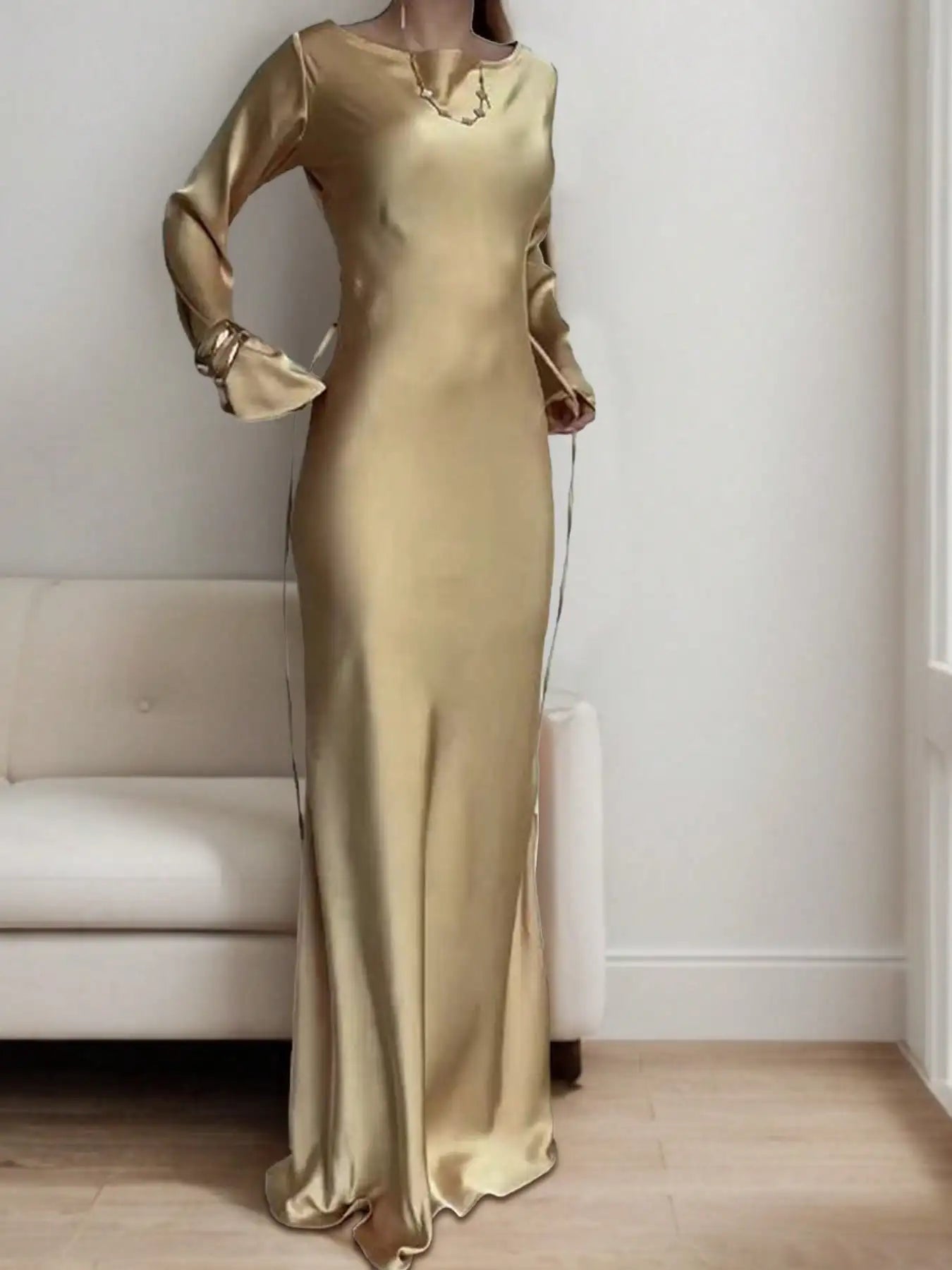 Women's Bespoke Satin Maxi Dress with Corset Waist Tie Classic Round Neck & Dramatic Flared Sleeves Luxury Evening Dress