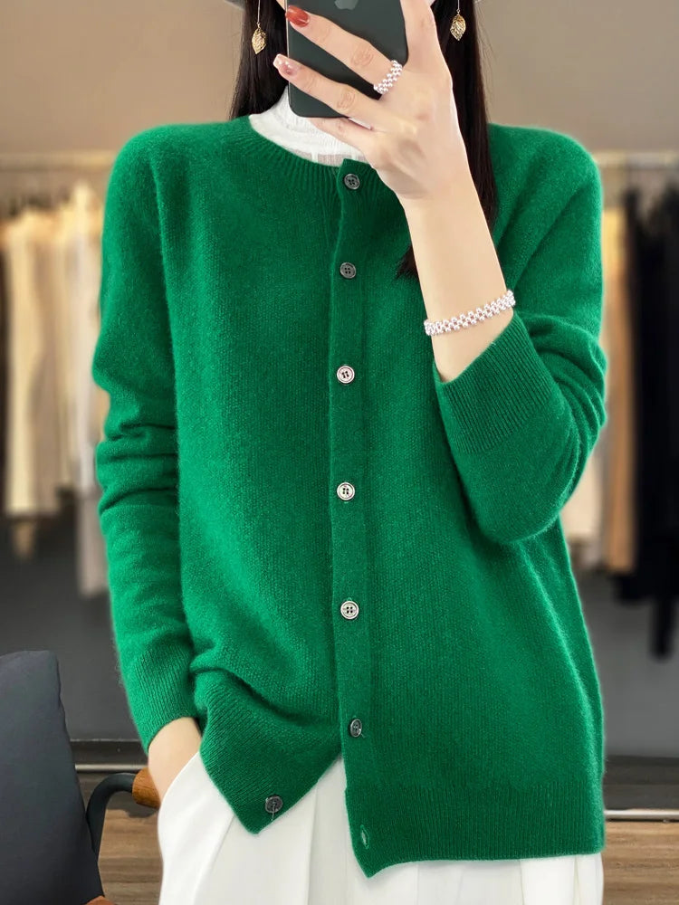 Long Sleeve 100% Merino Wool Sweaters Cashmere Cardigan Spring Autumn Women O-Neck Knitwear