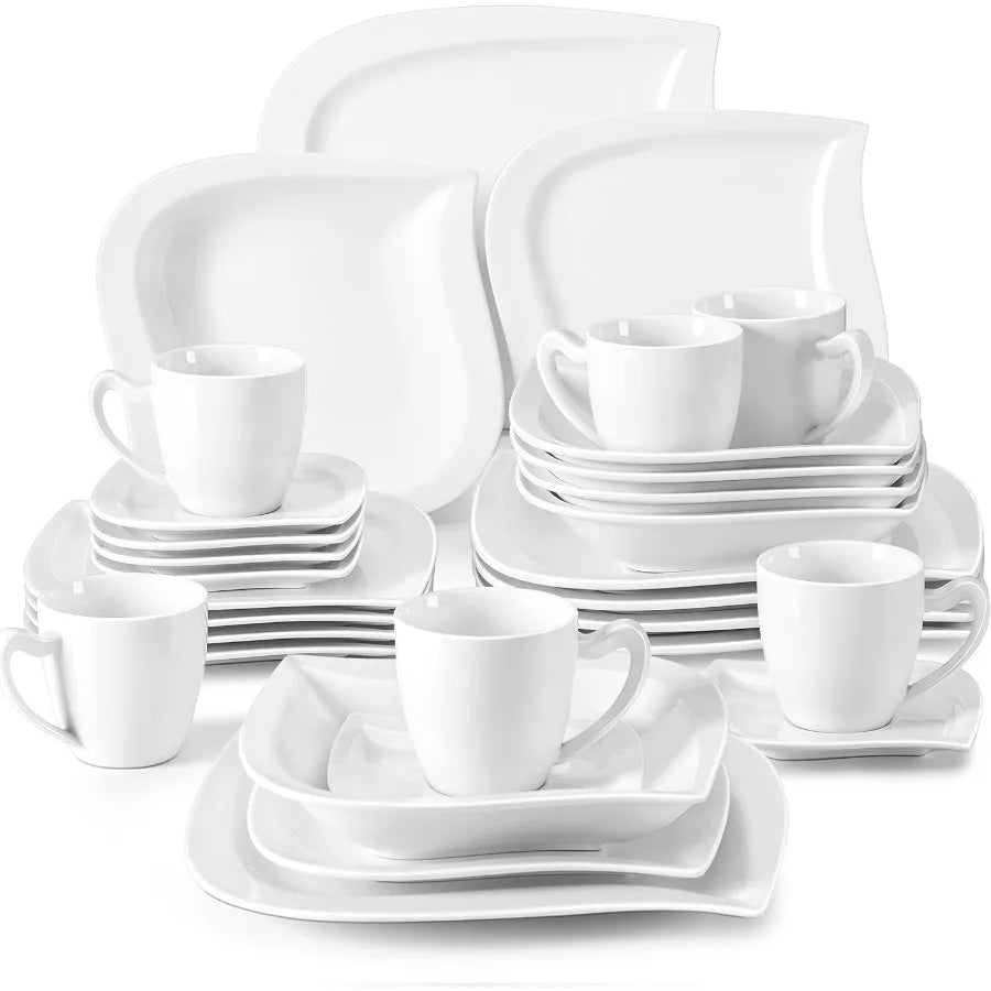 30Piece Ivory White Porcelain Dinnerware Set for 6 Including Plates Bowls Cups and Saucers for Dining and Kitchen Use Microwave