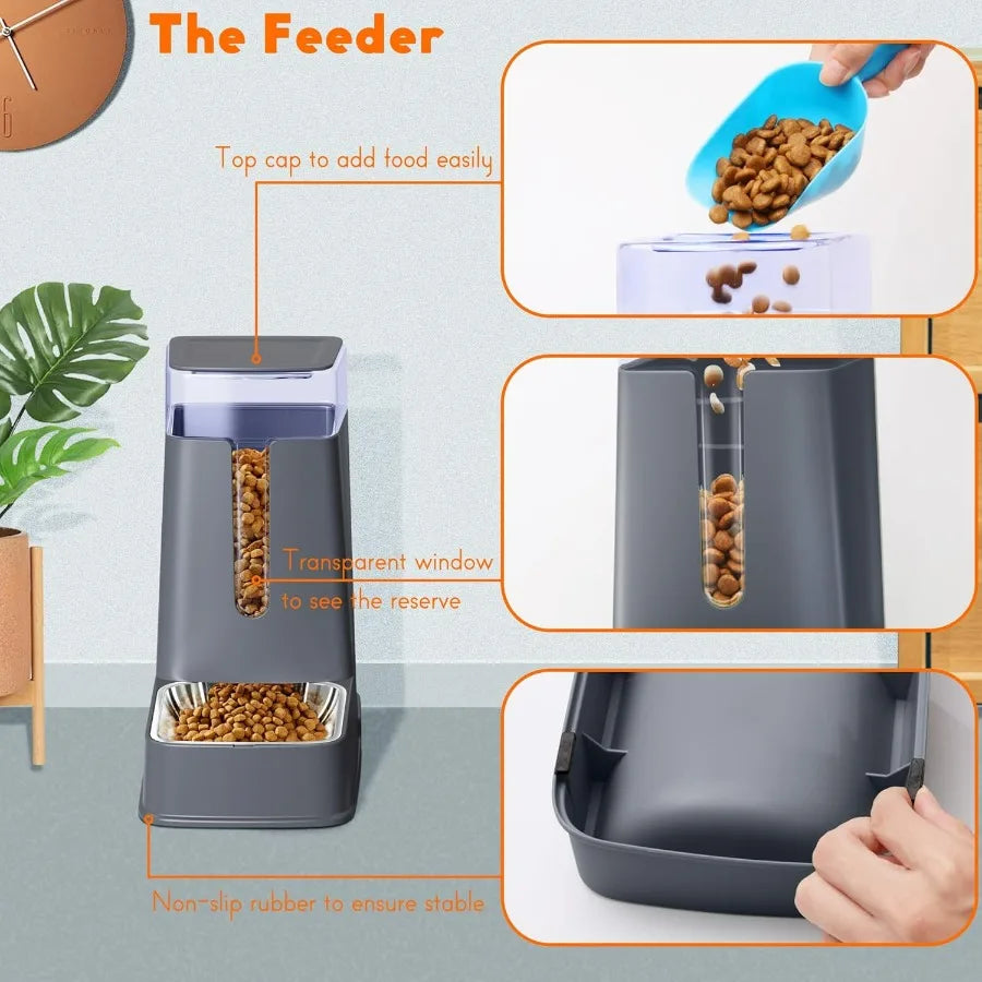 Dual Pet Feeding Station with Stainless Steel Bowls for Cats and Dogs: GravityFeed Dispenser Set for Small Medium and Large Pet
