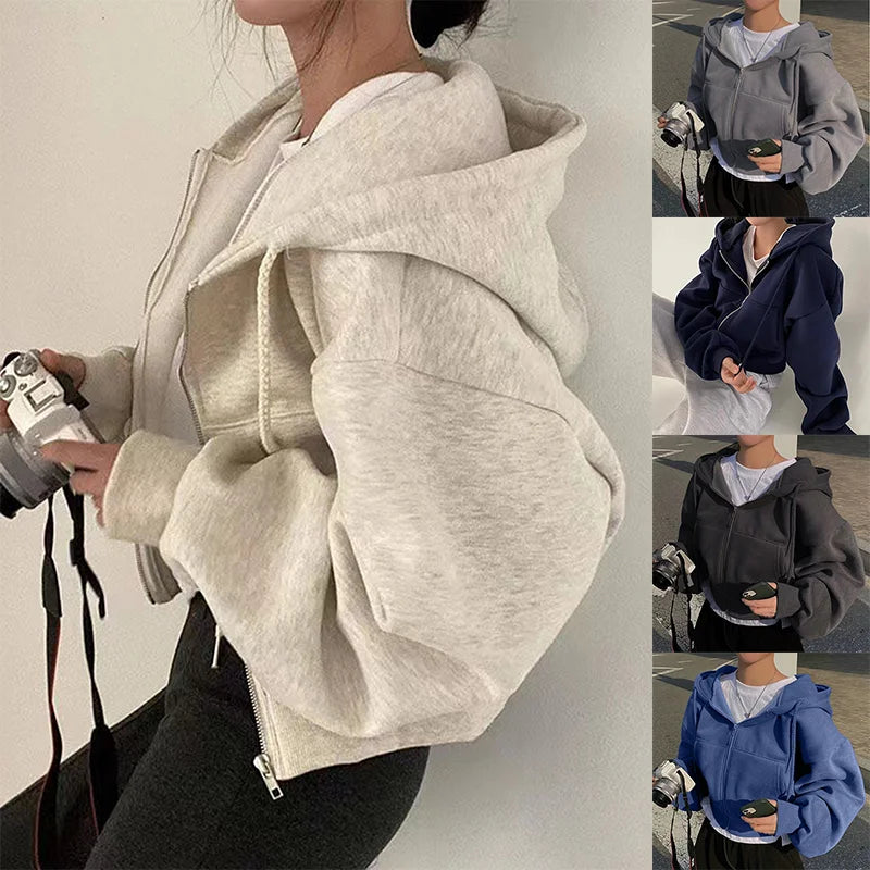 Spring Autumn New Ins fleece-lined Versatile Cropped Slims Smooths Silhouette Zip-up Hooded Sweatshirt Women