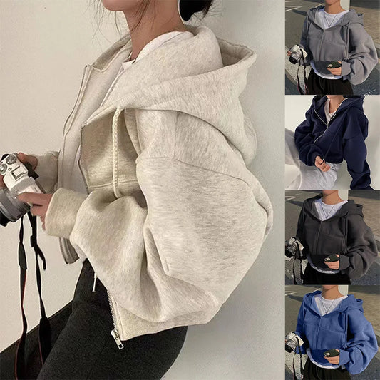 Spring Autumn New Ins fleece-lined Versatile Cropped Slims Smooths Silhouette Zip-up Hooded Sweatshirt Women