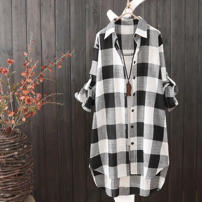 Women's Plaid Cotton Shirt Chic Blouse Elegant and Youth Women's Blouses  Korean Style