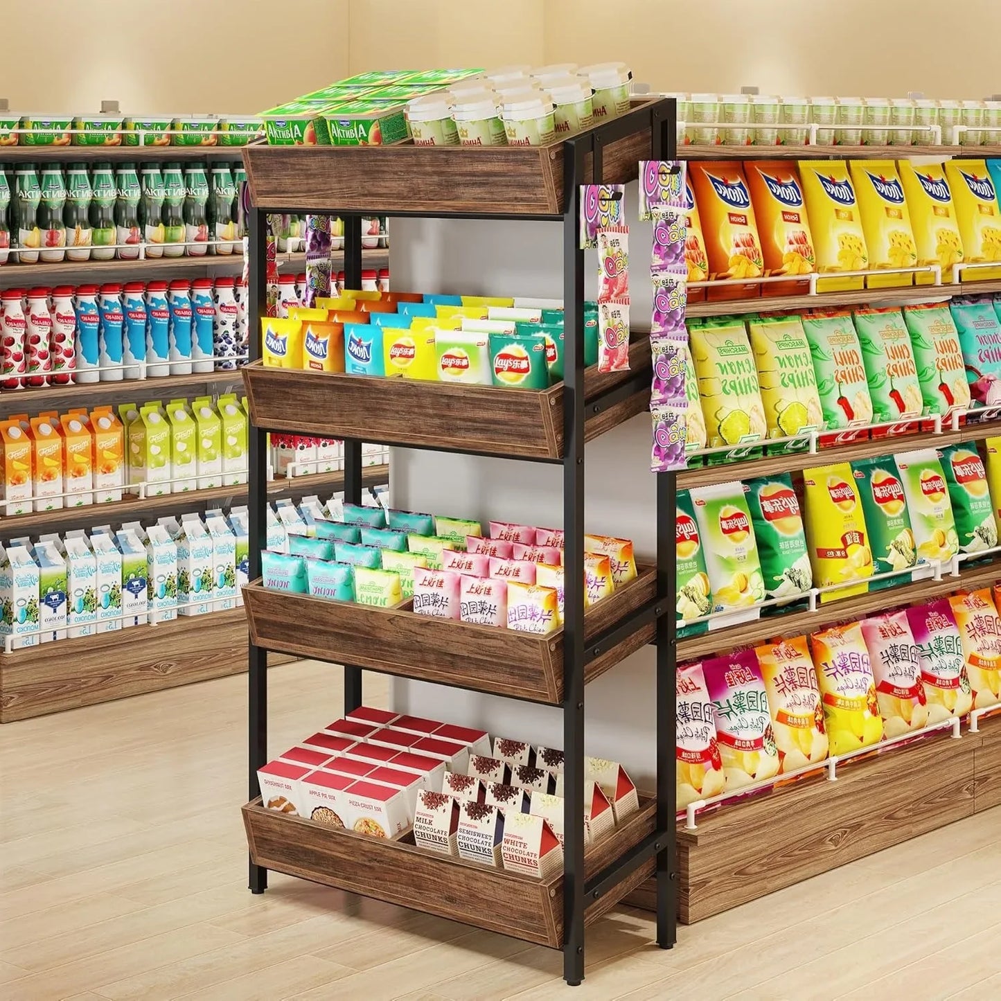 4-Tier Wooden  Display Shelf, Storage Shelving Organizer with Heavy-Duty Metal Frame