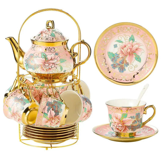 Pieces Porcelain Tea Set With Metal Holder, European Ceramic tea set for adults,Flower Tea Set,Tea Set With Flower Pai
