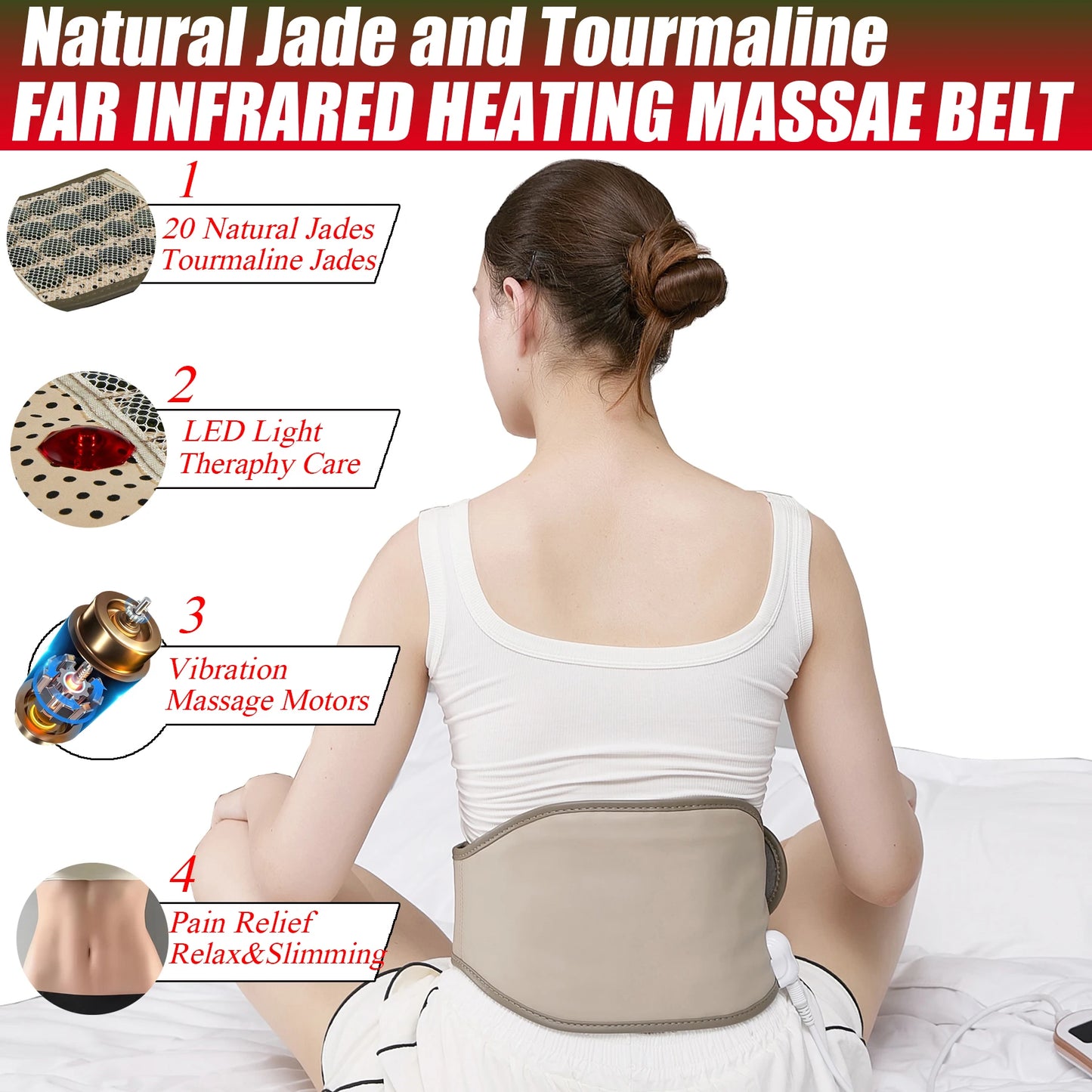 20 Natural Jades and Tourmaline Heat Vibration Far Infrared Heating Pad for Back Pain Relief Lower Back Massager Electric Belt A