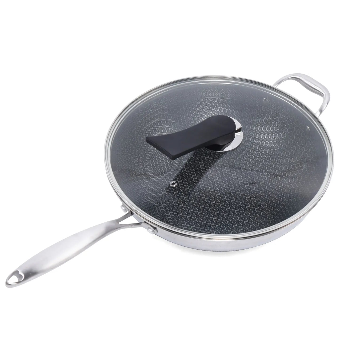 Stainless Steel Non Stick Double Sided Screen Honeycomb Wok Frying Pan Kitchen Chinese Cast Cooking Fry Pan 34cm