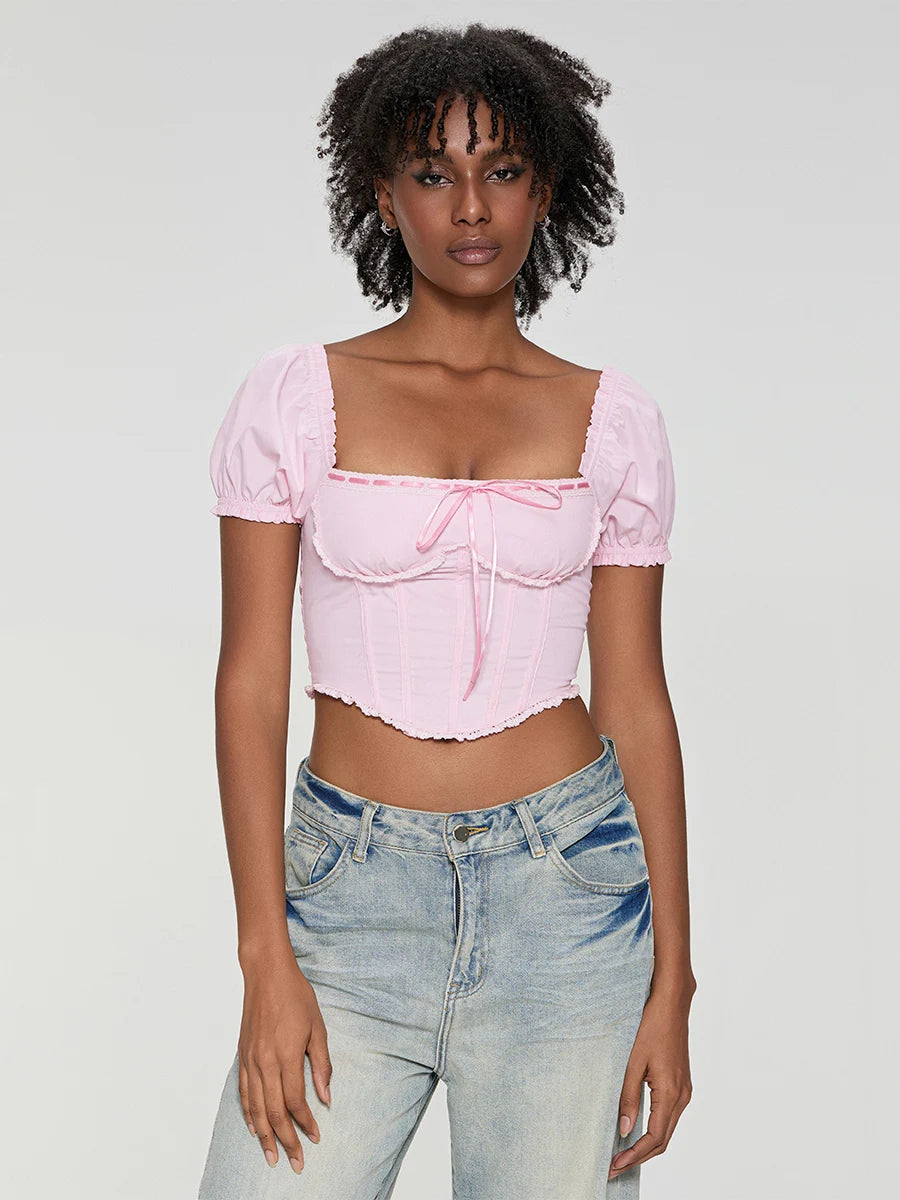 Women T-shirt Square Neck Short Sleeve Backless Tie-up