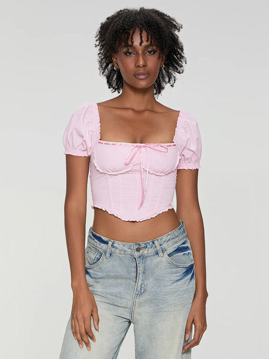 Women T-shirt Square Neck Short Sleeve Backless Tie-up