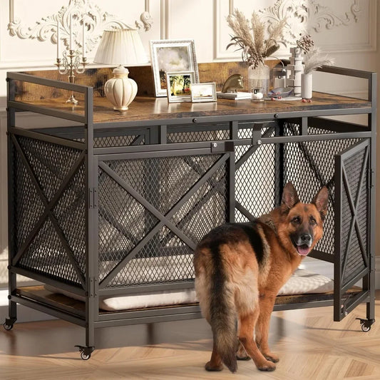 Large Dog Crate Furniture, 48 Inch Heavy Duty Dog Kennel for Large Breeds Cage with Wheels,