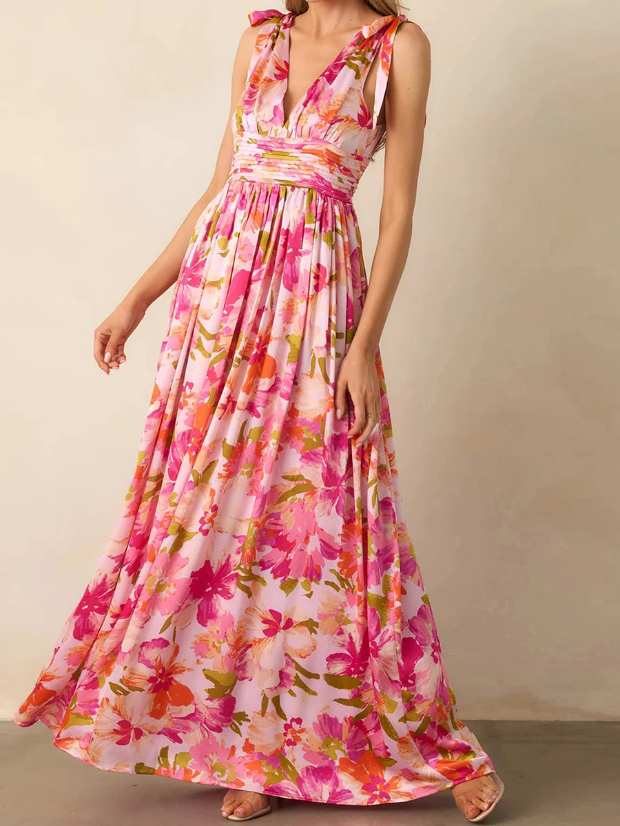 Elegant Maxi Dress with Boho Floral Print  for Summer Casual Wear