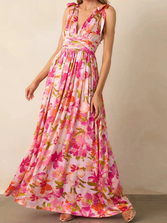 Elegant Maxi Dress with Boho Floral Print  for Summer Casual Wear