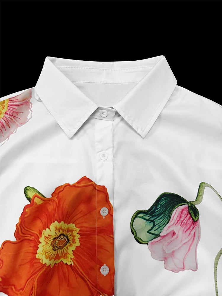 Korean Fashion Floral Printed Lapel Blouse  2025 New Autumn Flared Sleeves Buttoned Urban Casual