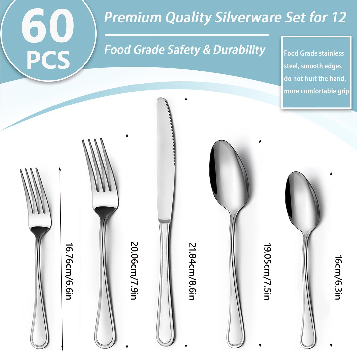 60-Piece Silverware Set, Stainless Steel Flatware Service for 1, Modern Tableware Cutlery for Home, Elegant Eating Utensils Incl