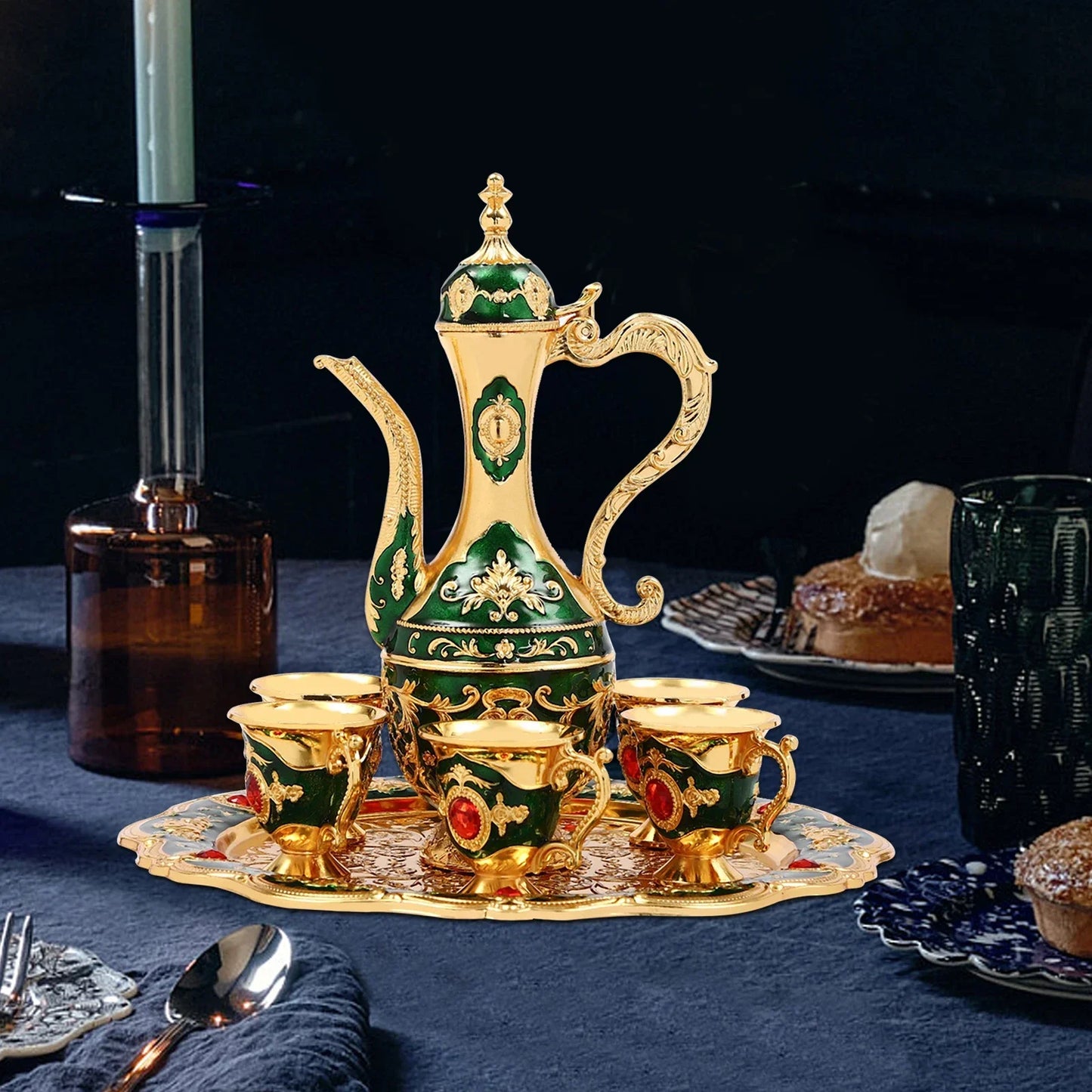 Golden Green Tea Set (one Po+Six Cups+One tray), Multi-functional Retro Türkiye Drinking Set-No Assembly Required, Easy To Clean