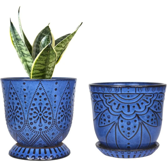 6 Inch Ceramic Planter Set of 2 with Drainage Hole and Saucer, Indoor-Outdoor Large Round Pot for Succulents Orchids (Blue)