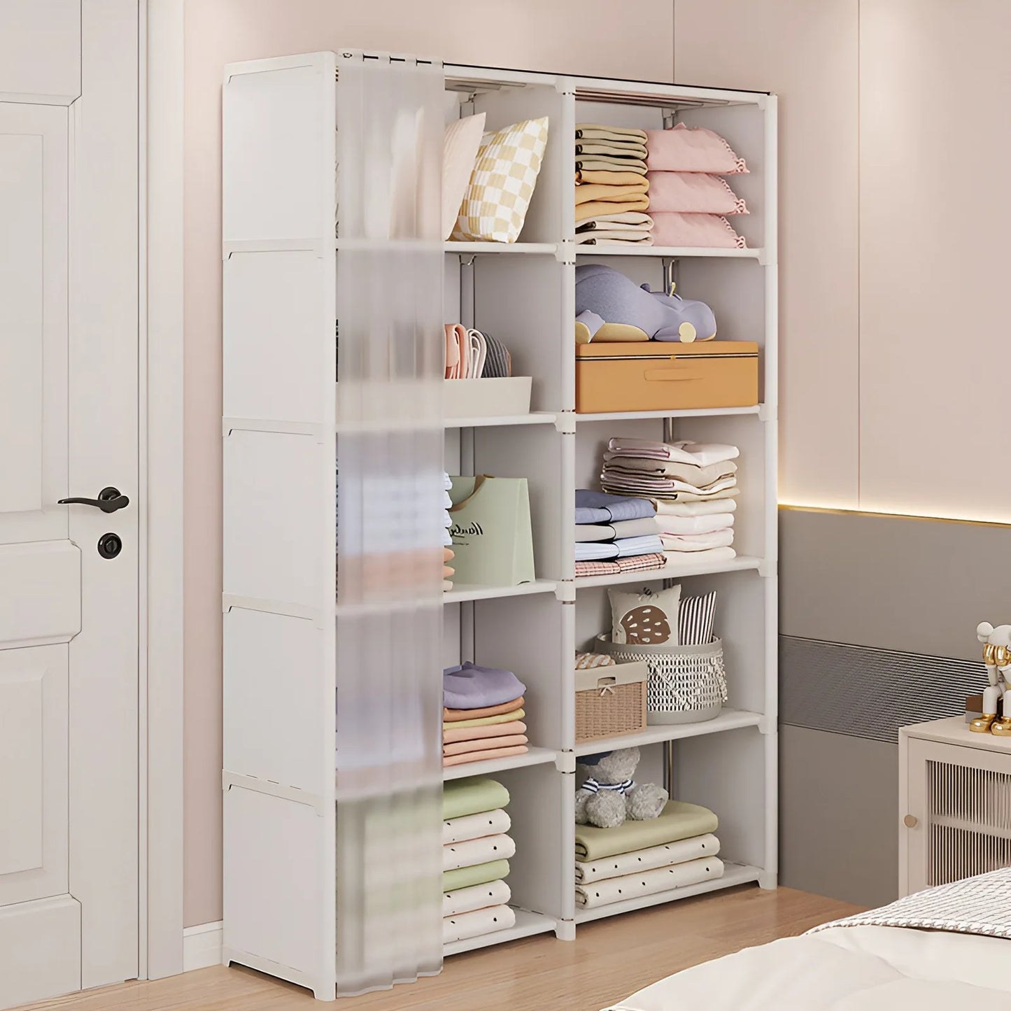 6-Layer Double Row Storage Rack with Curtain