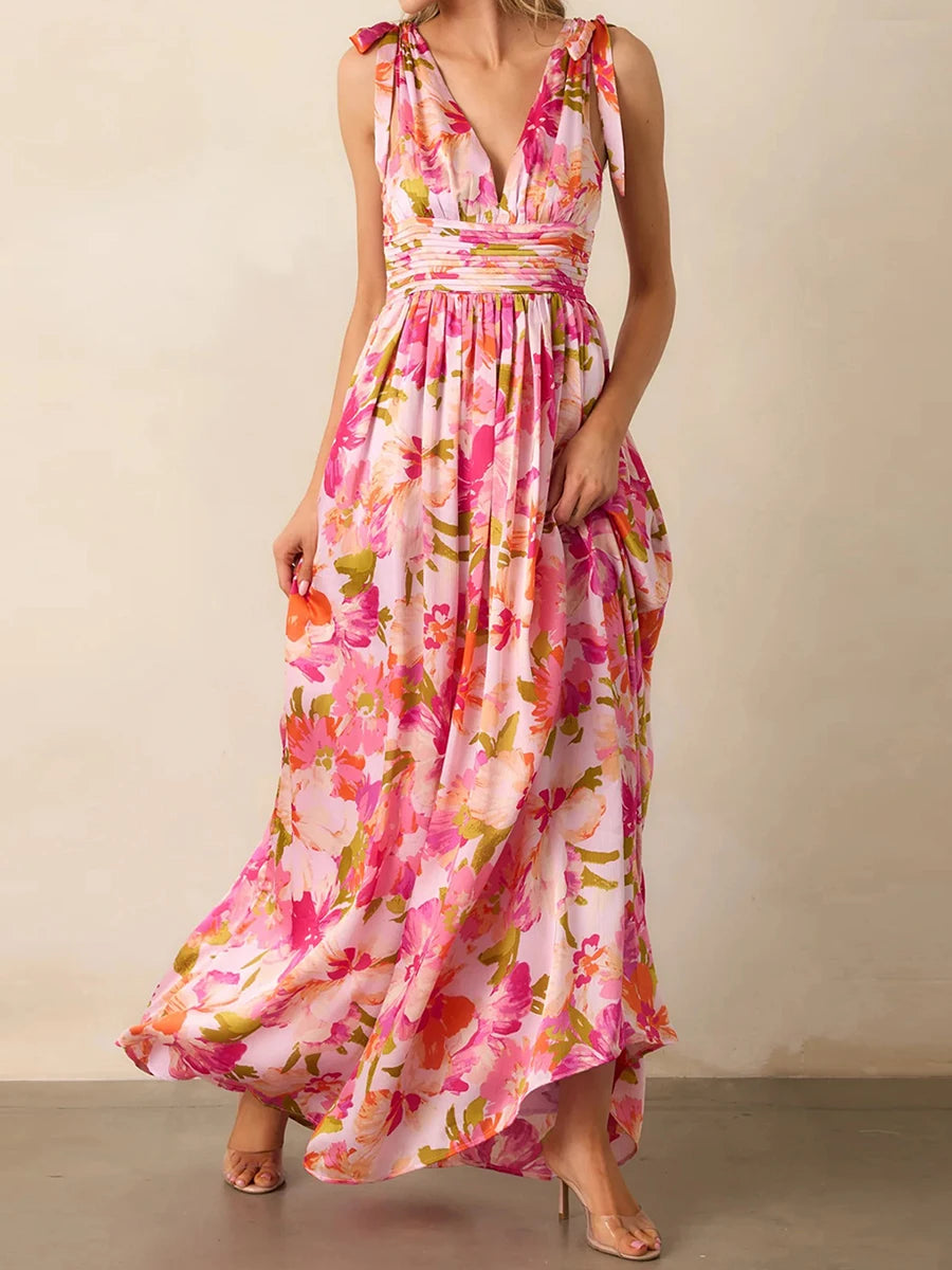 Elegant Maxi Dress with Boho Floral Print  for Summer Casual Wear