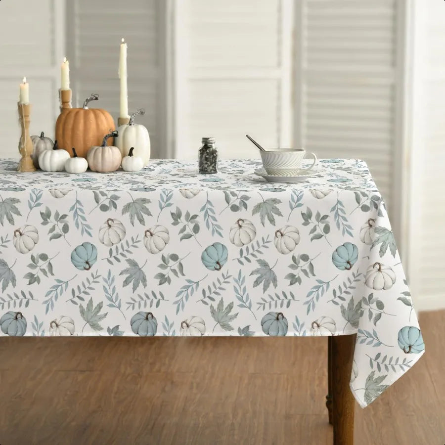 Fall Tablecloth 60x120 Inch Rectangular Thanksgiving Autumn Harvest Blue Pumpkins and Leaves Table Cover for Party Picnic Dinne