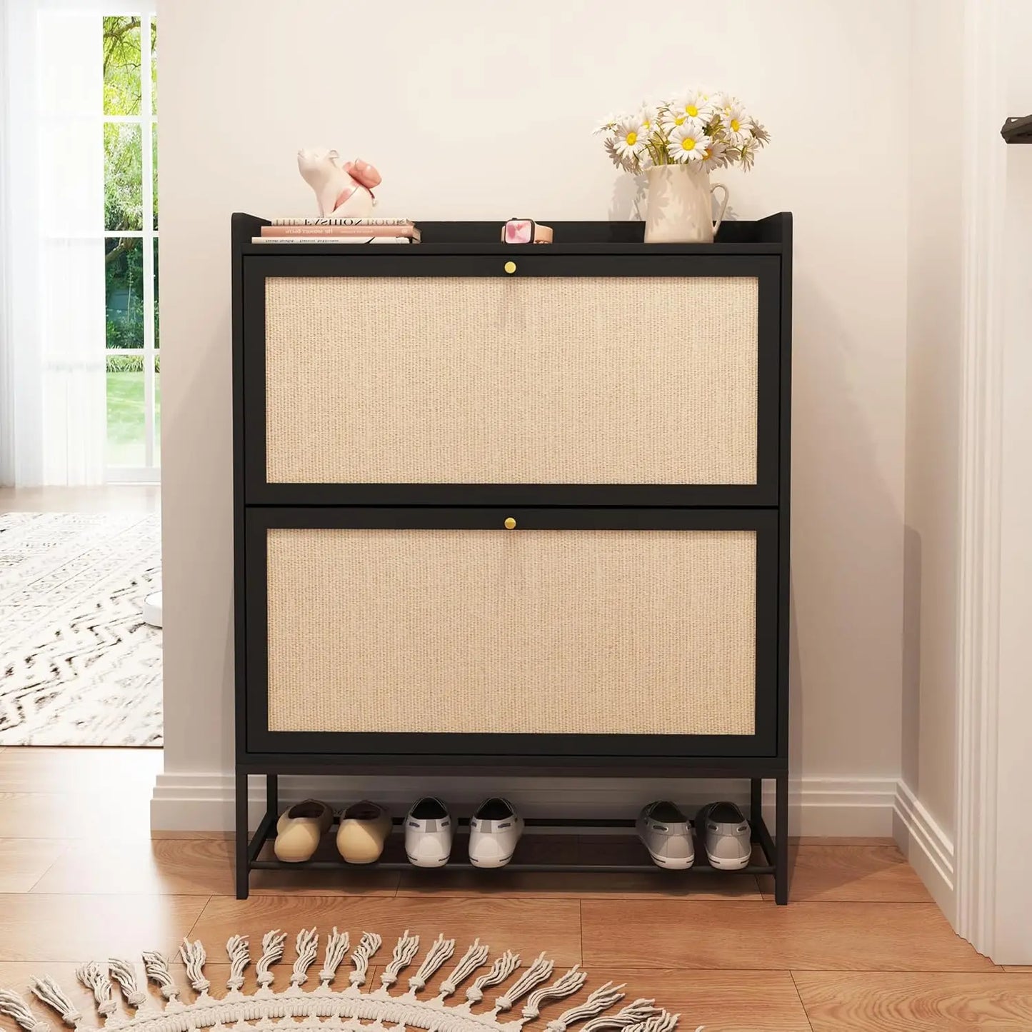 Narrow Shoes Storage Cabinet with 2 Flip Drawers, Freestanding