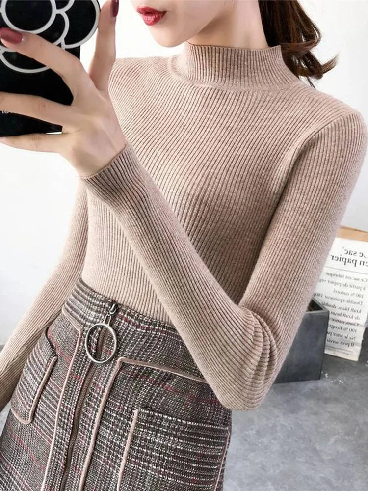 Autumn Winter Mock Neck Women Sweater Vintage Basic Solid Knitted Tops Casual Slim Pullover Sweaters